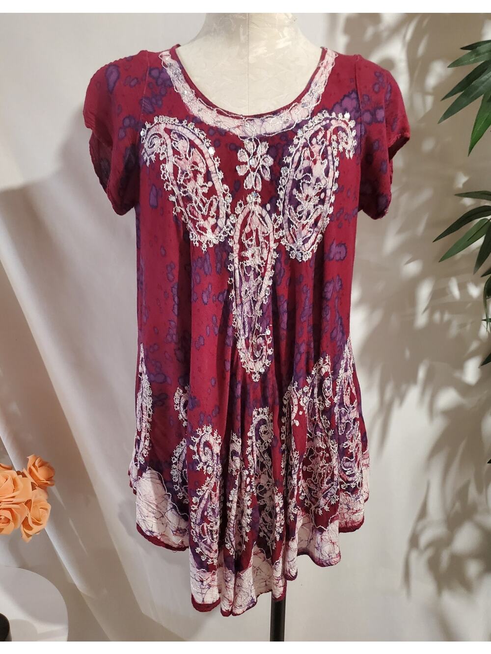 Ace Fashion Paisley Sequin Batik Dye Asymmetrical Tunic Top Size XL Hippie Boho